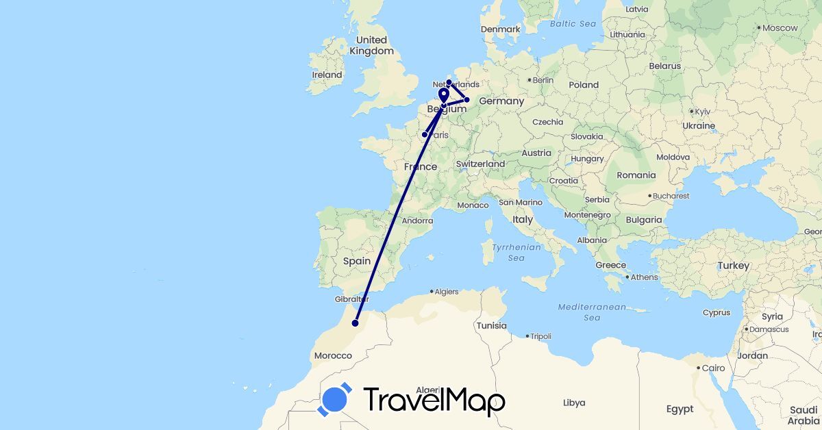 TravelMap itinerary: driving in Belgium, Germany, France, Morocco, Netherlands (Africa, Europe)